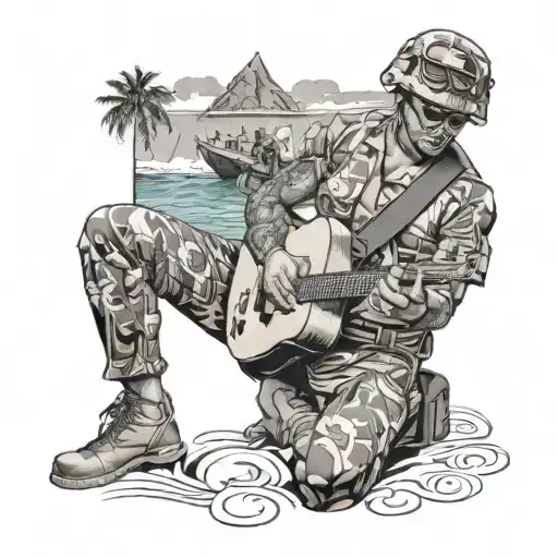 A Us Army Soldier Playing A Guitar With A Backdrop Of The Hawaiian Islands