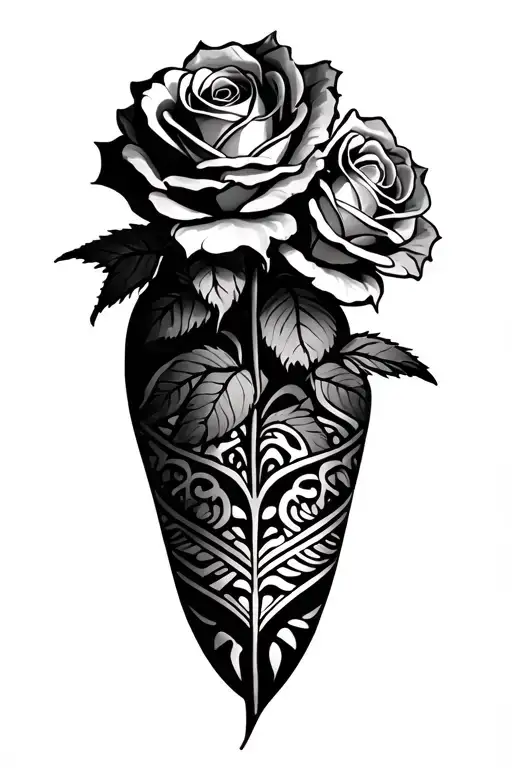 3 Roses Growing Up Calf With Tribal Band At The Bottom