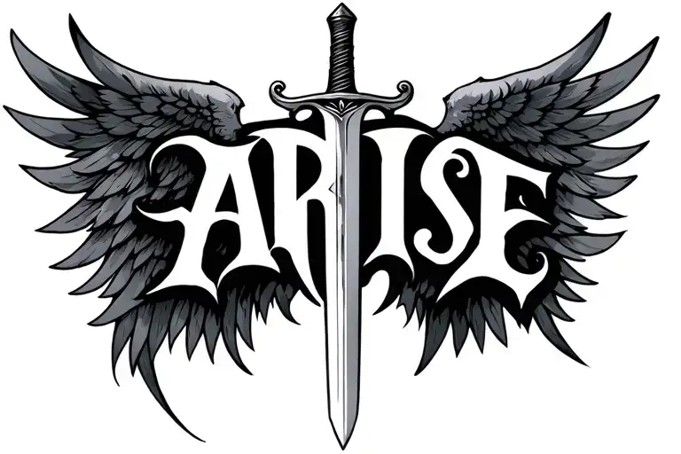 Arise Text Gothic Style With Sword And Wings Spread Wide