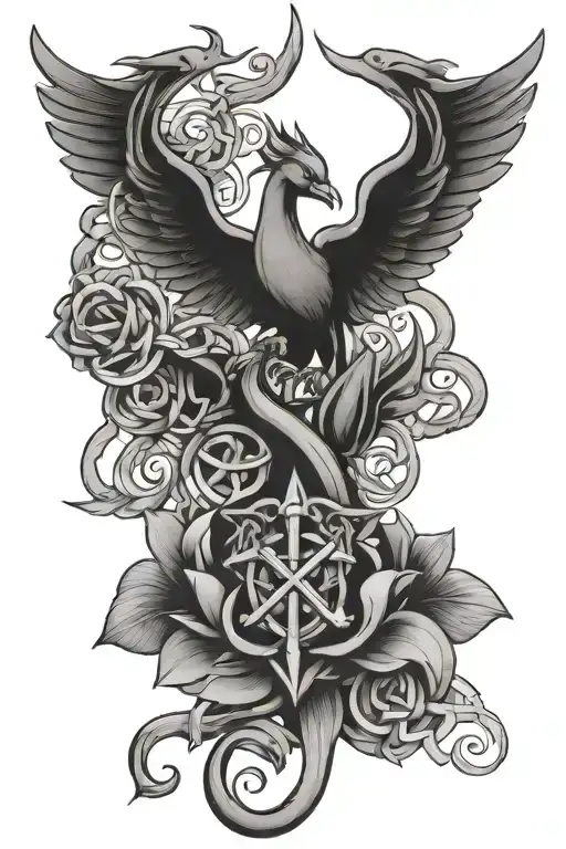 Anchor And Celtic Knots Lotus Flower And Phoenix