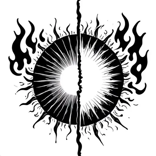 A Circle With An Half With Flames Surrounding And The Other Half With A Sun And Its Rays