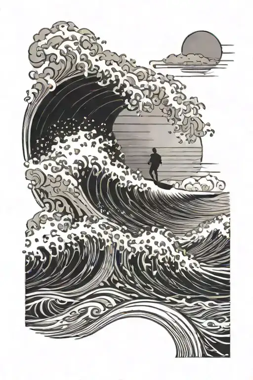 Sun And Landscape With Waves In The Foreground Breaking With Surfer Riding A Wave