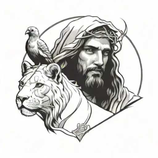 Jesus Of Nazareth And Lion And With A Dove In The