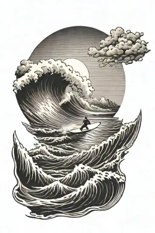 Bright Sun With Point Break Landscape In The Foreground With With Surfer Riding A Barrelling Wave