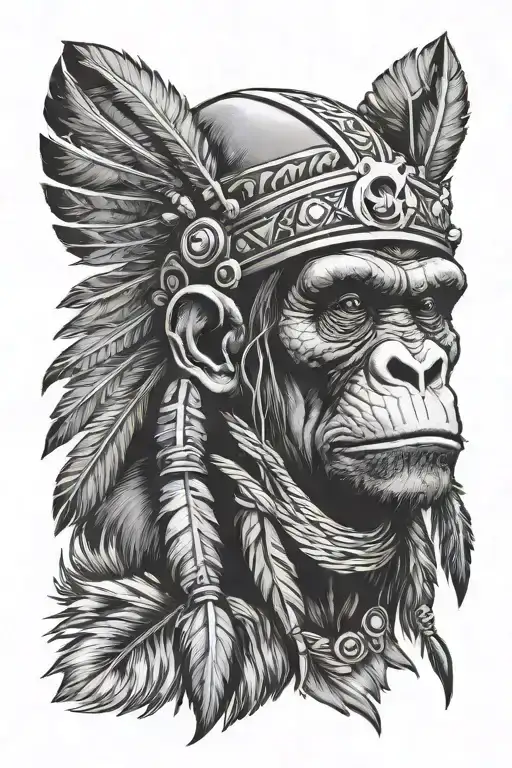 Native Man With Half Dead Evil Chimp Headdress Being Worn