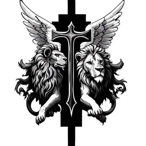 Lion And Cross On Back With Angel Wings