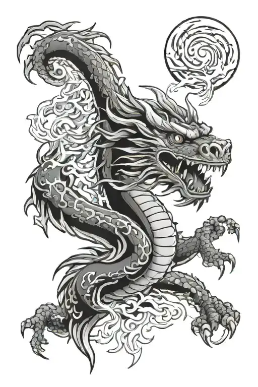 Hapanese Characters And Dragon Breathing Fire With Lightning