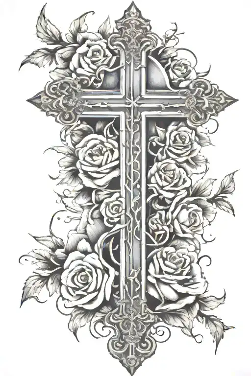 Religious Cross Wrapped In Roses And Thorns With The Name Lachapelle On A Scroll On The Cross