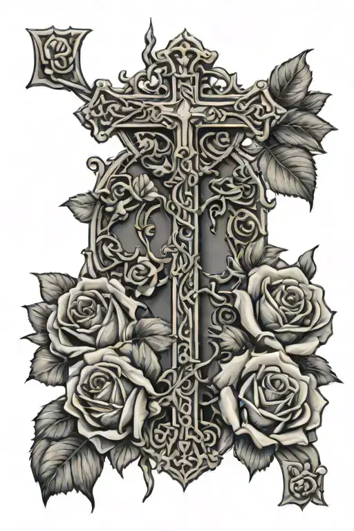 Religious Cross Wrapped In Roses And Thorns With The Name Lachapelle On A Scroll On The Cross