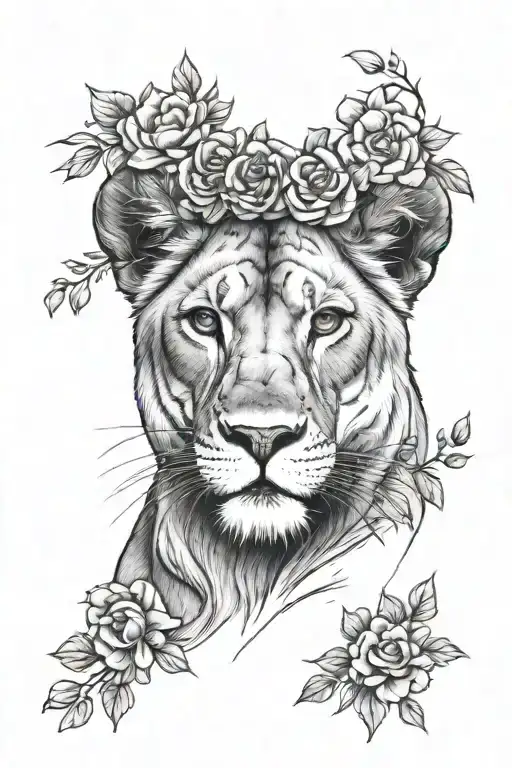 Lioness Facing Forward With Flower Crown And Sounded By Flowers