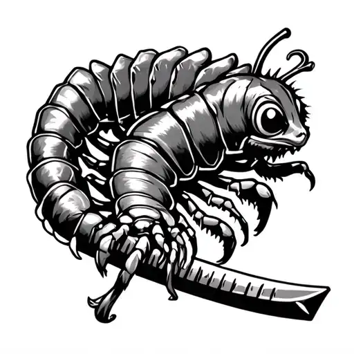 Centipede With Eyes On Its Body Wrapped Around A Katana
