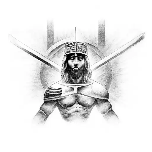 A Black-grey Tattoo Of A Warrior Overcoming Their Drug Addiction With The Help Of Jesus