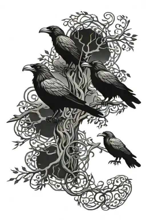 Yggdrasil With 2 Ravens Huginn And Muninn In Knotwork