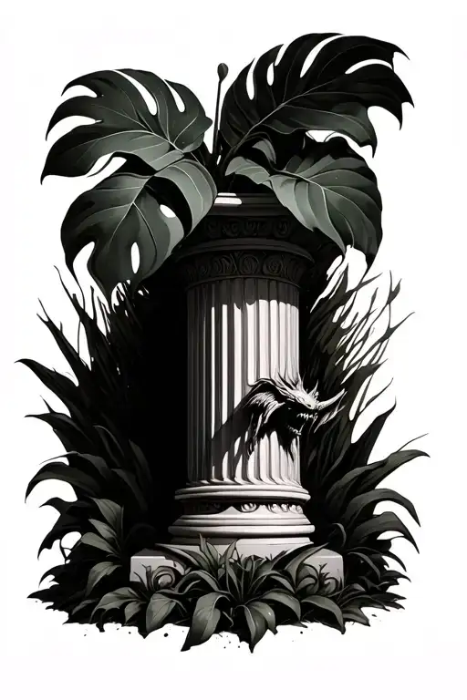 Roman Column With A Monstera Growing Around It