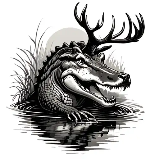 Swamp Airboat Gator Deer Back Tattoo Design
