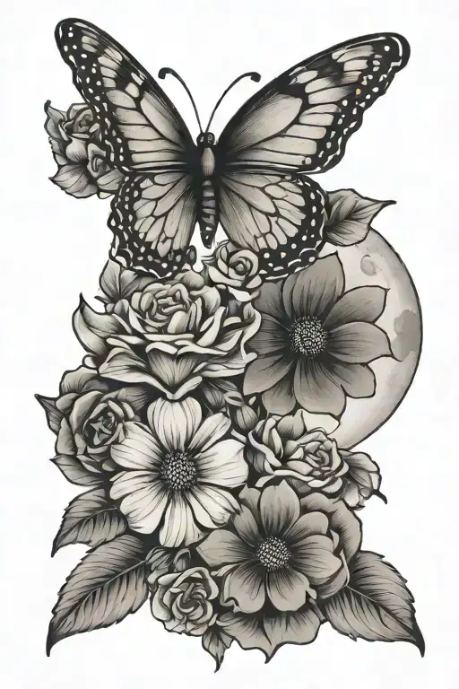 Butterfly And Moon With Flowers