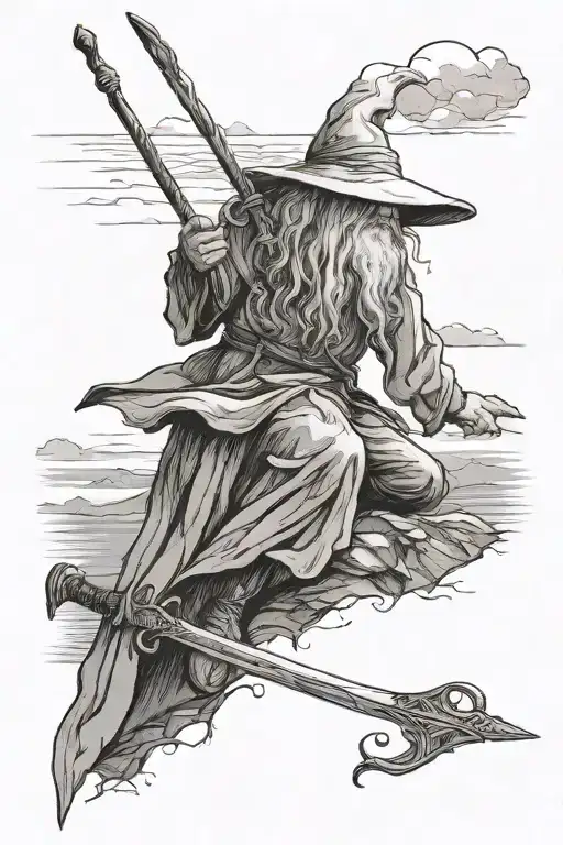 Gandalf Facing Away Leaning On His Staff Facing The Sunset With His Sword On His Back