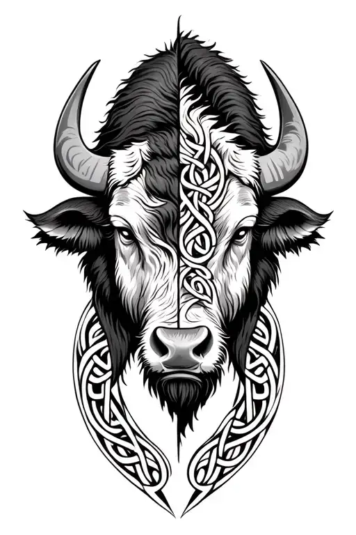 Half Buffalo And Half Mammoth Head With Celtic Designs