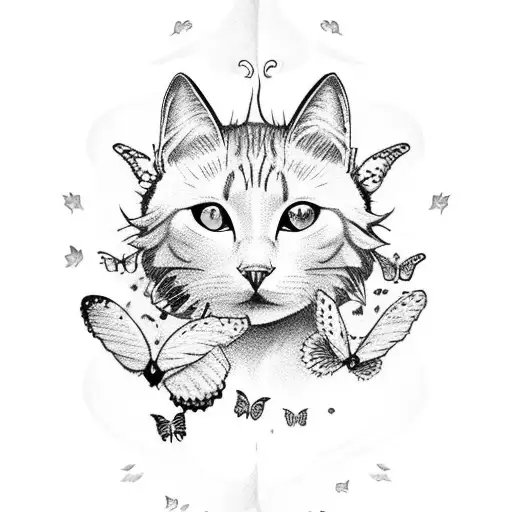 Cresent Moon With Butterflies And A White Cat