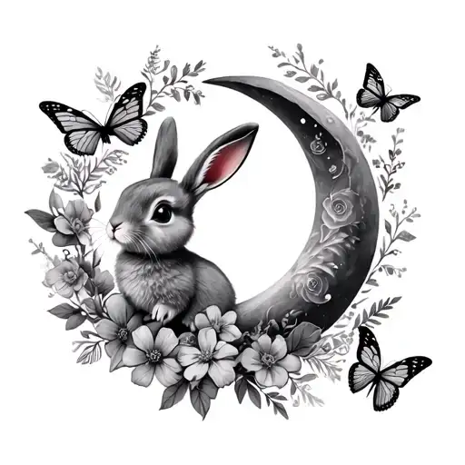 Crescent Moon With A Small Bunny Surrounded By Flowers And Butterflies