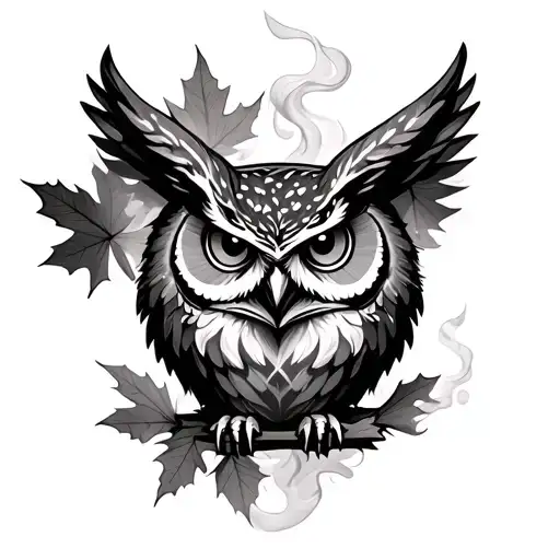 Owl With Maple Leaves And Smoke Gping Through It