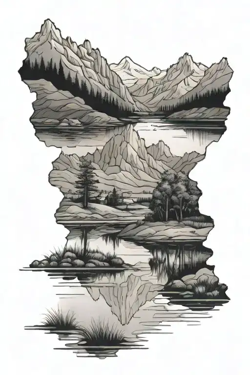 Mountains Reflecting In Water Under Fields