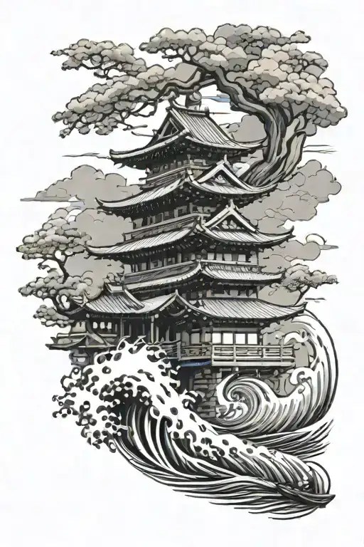 Japanese Temple On The Waterfront Where There Is A Person On A Boat In The Water A Japanese Wave