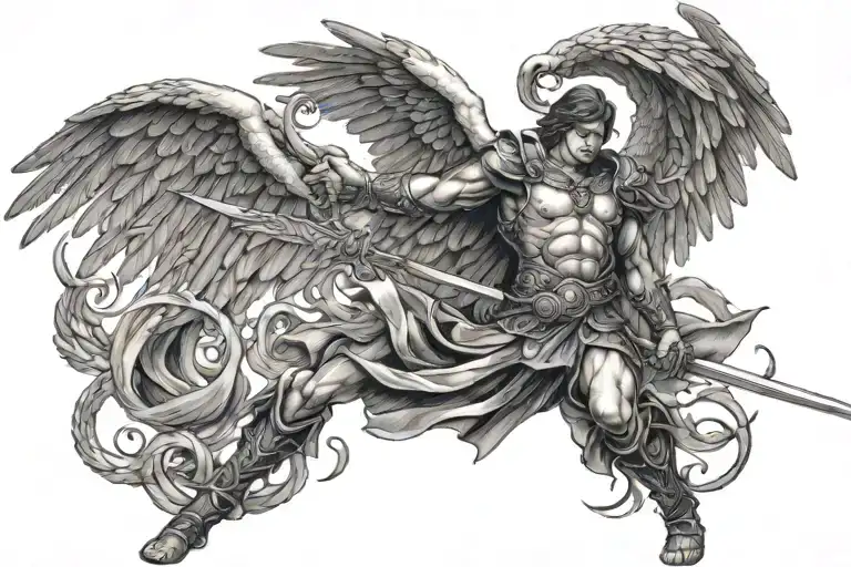 Warrior Angel With Wings Outstretched Slaying A Serpent