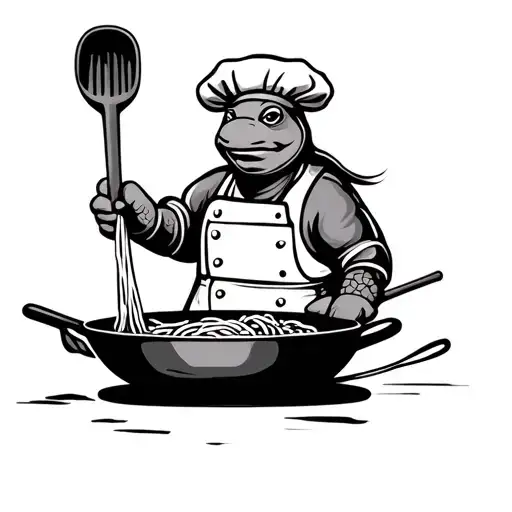 Turtle Chef Cooking Ramen Noodle In A Wok Holding A Laddle