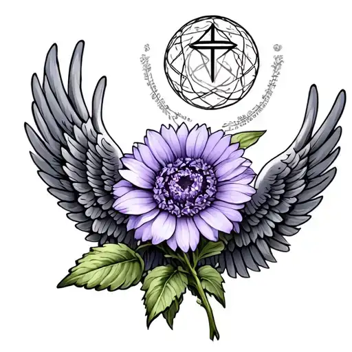 Fineline Lavender Flower Intertwined With The Gemini Star Sign And Fineline Angel Wings