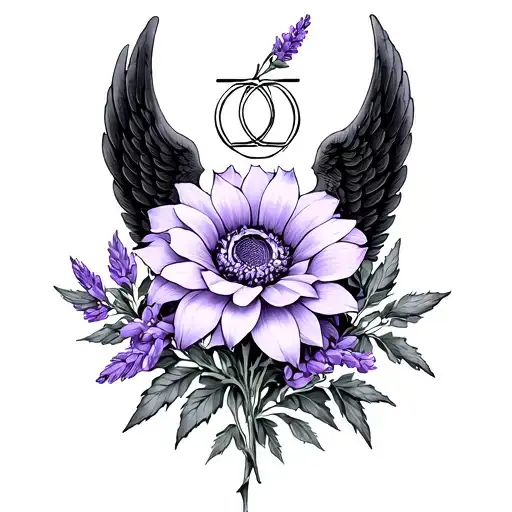 Fineline Lavender Flower Intertwined With The Gemini Symbol And Fineline Angel Wings