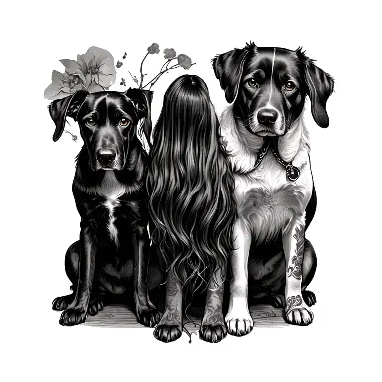 Girl Facing Away With Two Dogs Sitting