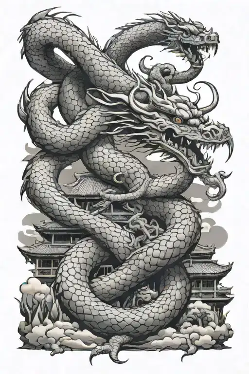 Dragon And Snake Fighting With A Japanese Temple In The Background