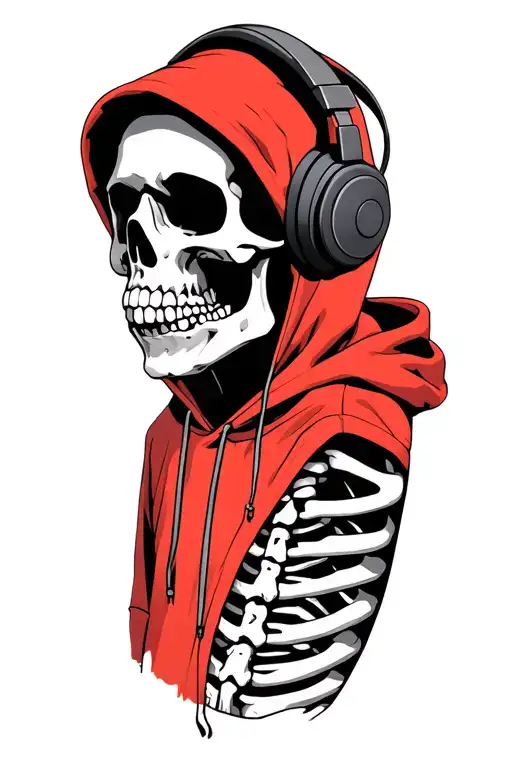 Skeleton Wearing A Red Hoodie While Wearing Headphones