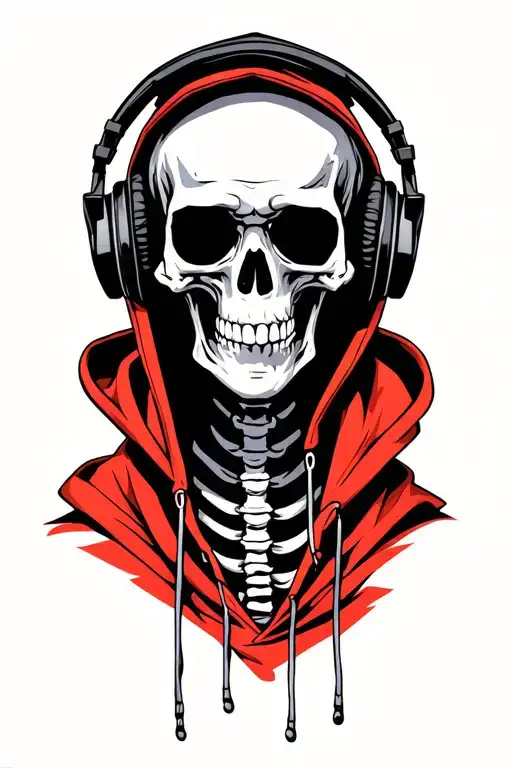 Skeleton Wearing A Red Hoodie While Wearing Headphones