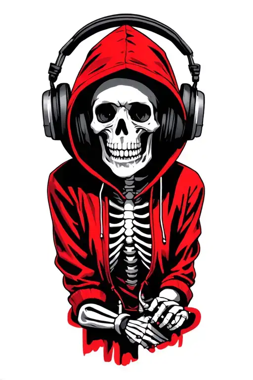 Skeleton Wearing A Red Hoodie While Wearing Headphones