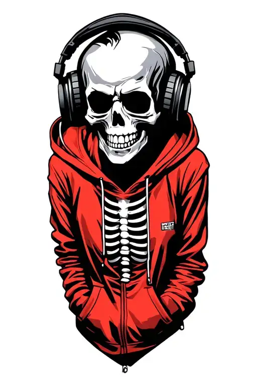 Punk Rock Skeleton Wearing A Red Hoodie While Wearing Headphones