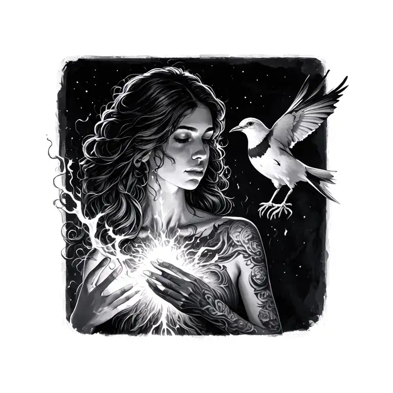 Woman With Light Coming Out Of Her Chest And Hand Maybe A Bird Too Freeing Her