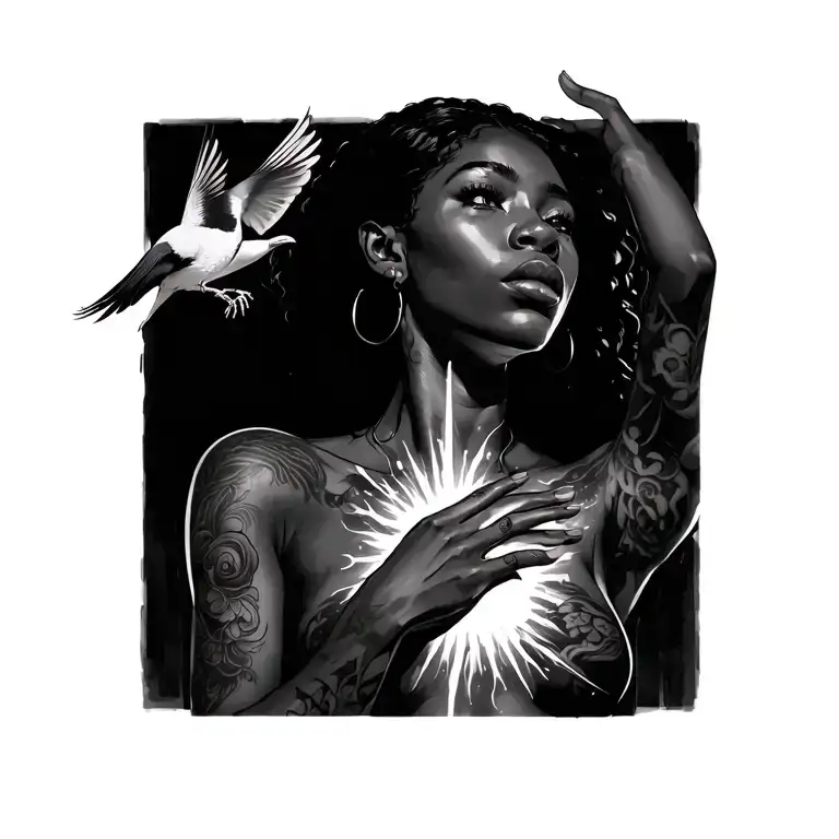 Black Woman With Light Coming Out Of Her Chest And Hand Maybe A Bird Too Freeing Her