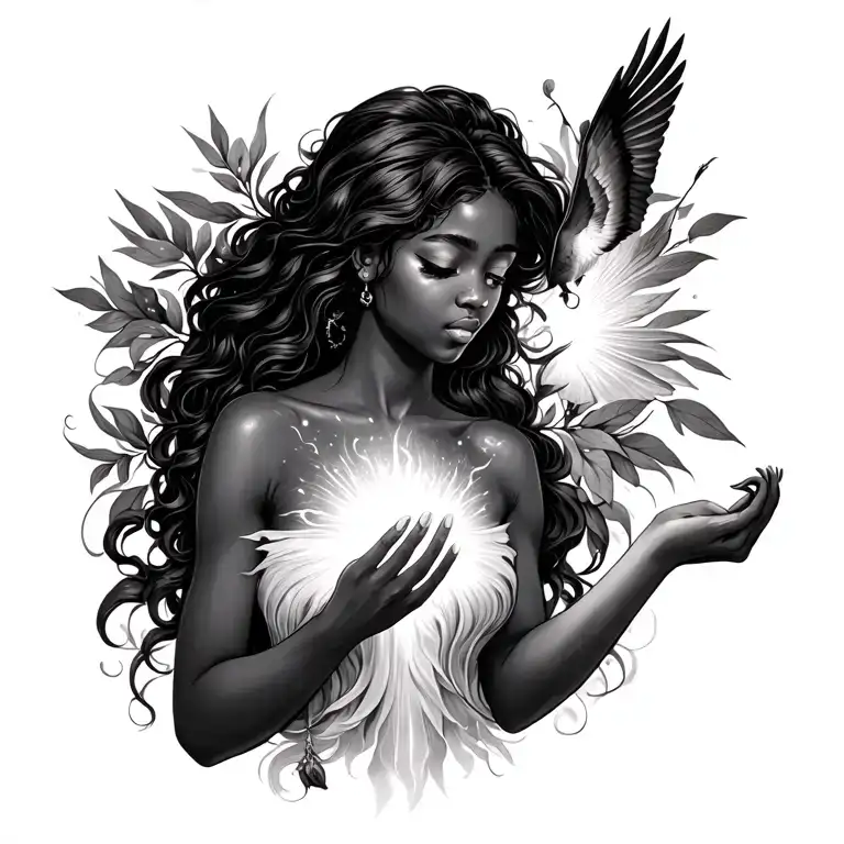 Black Woman With Light Coming Out Of Her Chest And Hand Maybe A Bird Too Freeing Her