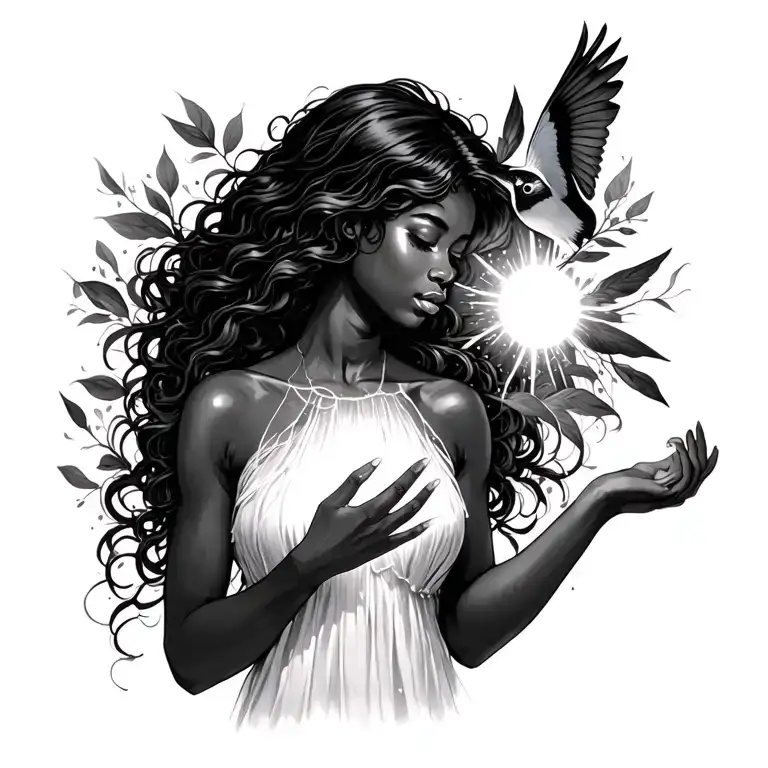 Black Woman With Light Coming Out Of Her Chest And Hand Maybe A Bird Too Freeing Her