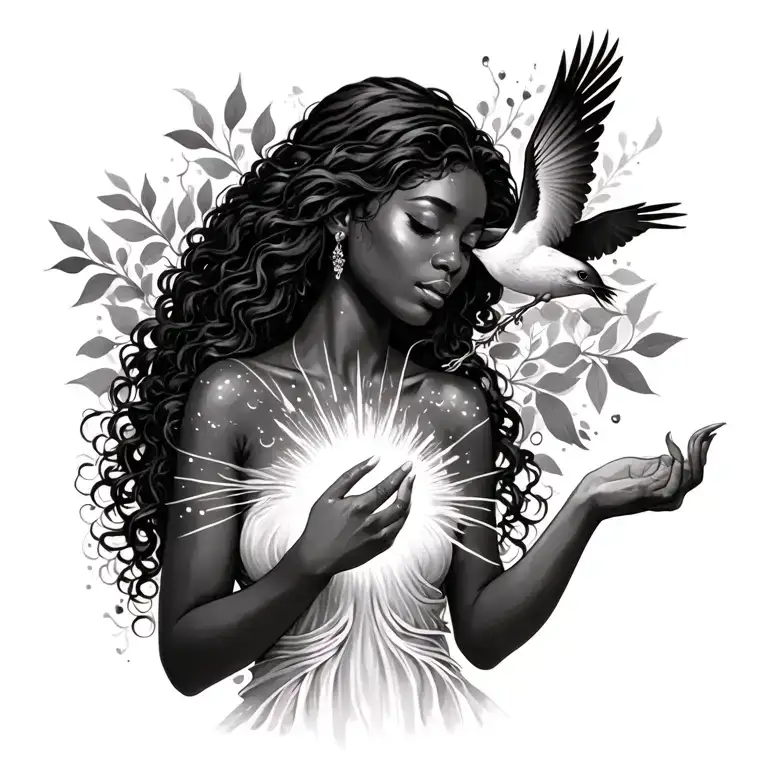 Black Woman With Light Coming Out Of Her Chest And Hand Maybe A Bird Too Freeing Her