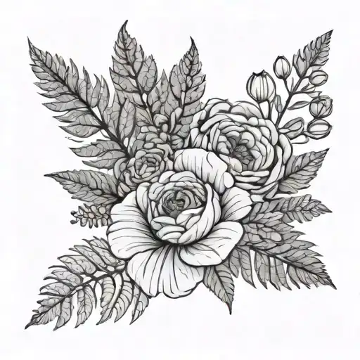 Flower Bouquet Of 3 Plants Fern Violet Ranunculus Thin Line Drawing