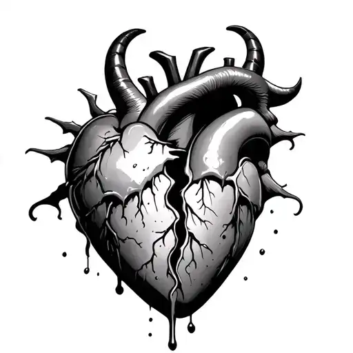 A Heart Split Down The Middle That Is Draining Slowly With Demon Horns On Top Of It