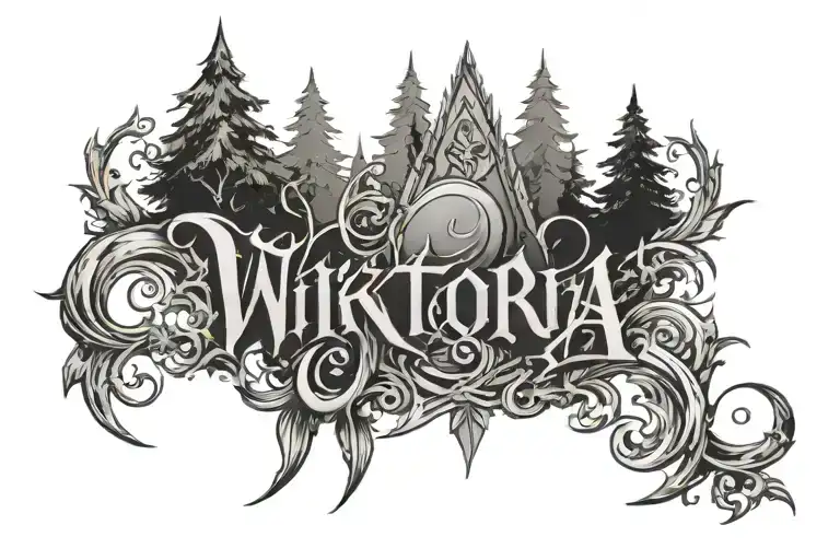 Name Wiktoria In Sharp Gothic Style And Number 20 With Geometrical Spiky Forest Behind