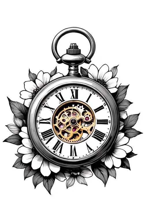 Pocket Watch With Gears Inside The Middle With Flowers Around It With No Top
