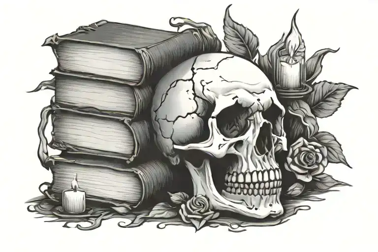 A Stack Of Books With A Skull On Top And Candles Surrounding Them