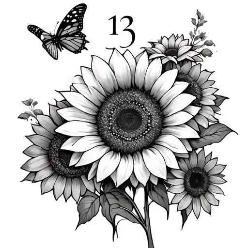 A Number 13 With Sunflowers And A Butterfly Monarch With Really Pretty Flowers