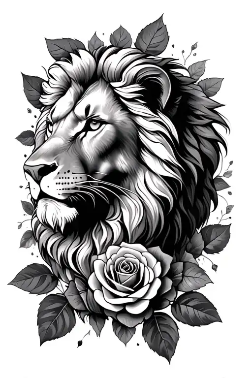 Lion Head Surrounded Rose Leafs
