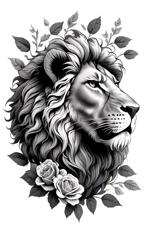 Lion Head Surrounded Roses Leafs Spreading